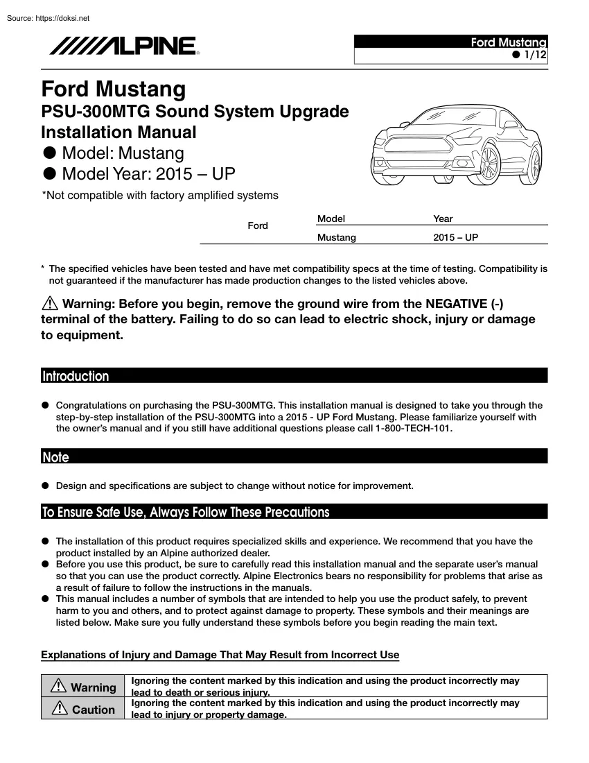 Ford Mustang PSU-300MTG Sound System Upgrade Installation Manual