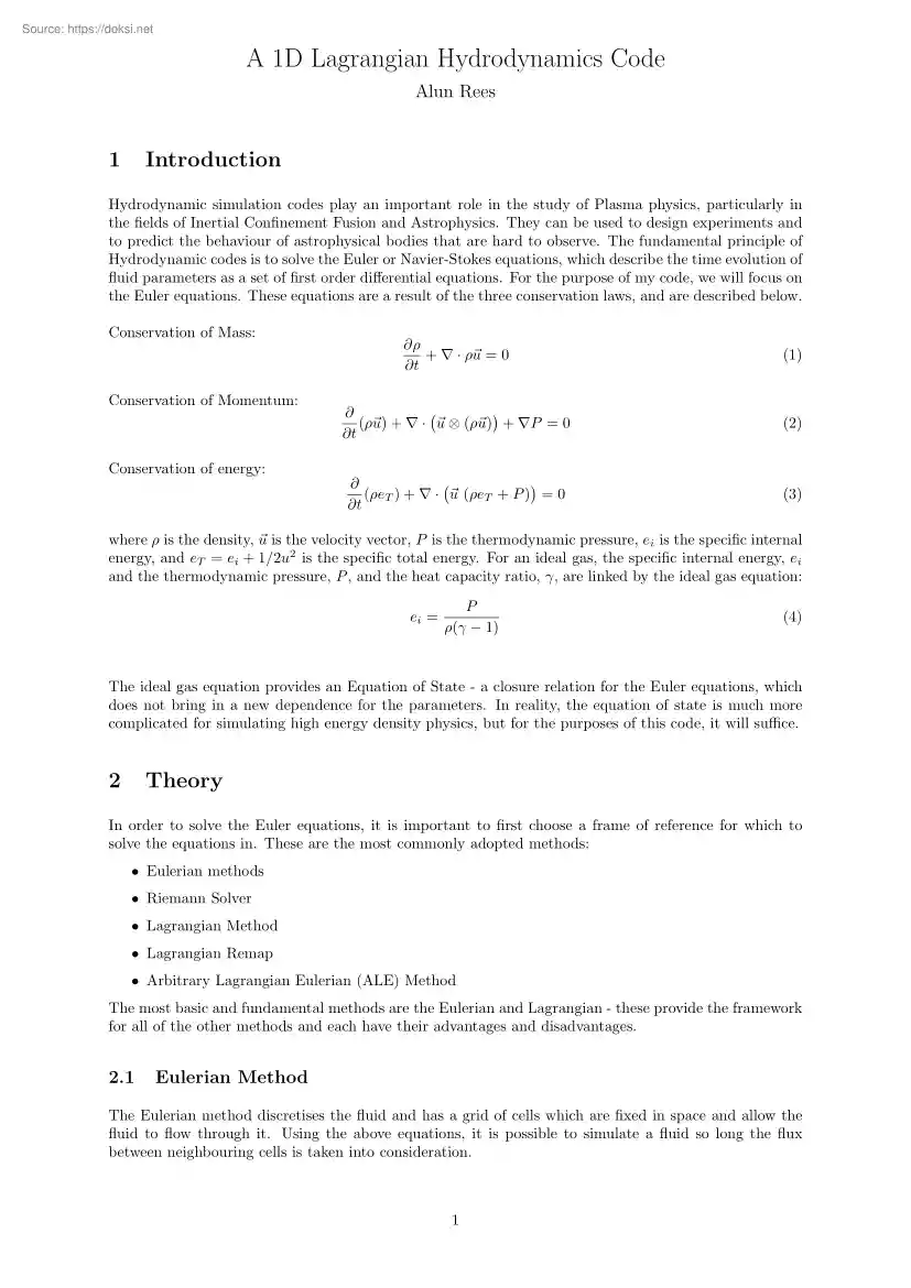 Alun Rees - A 1D Lagrangian Hydrodynamics Code