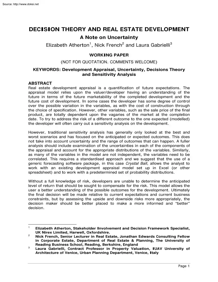 Atherton-French - Decision Theory and Real Estate Development, A Note on Uncertainty