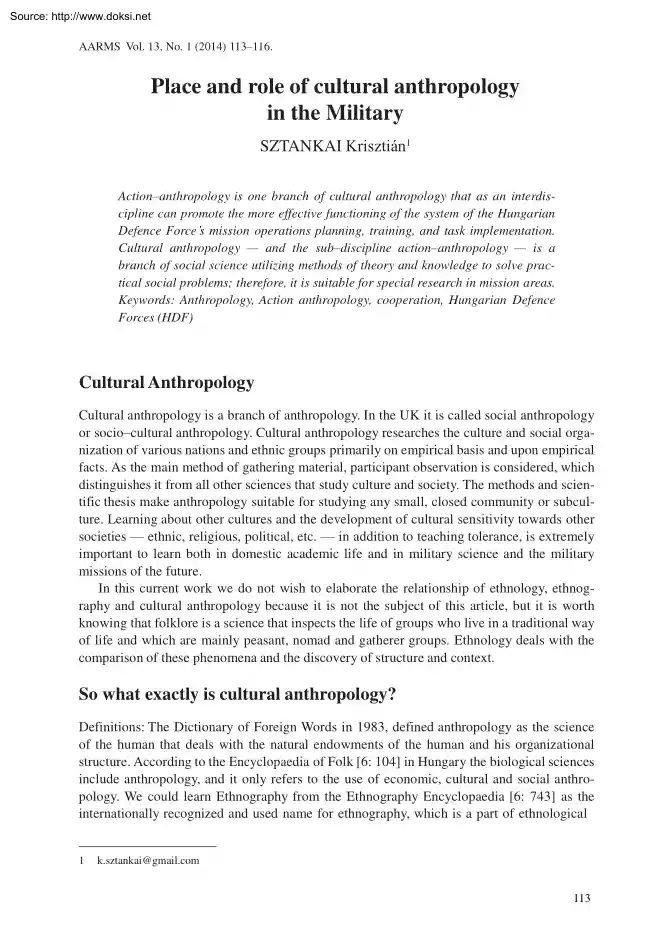 Sztankai Krisztián - Place and Role of Cultural Anthropology in the Military