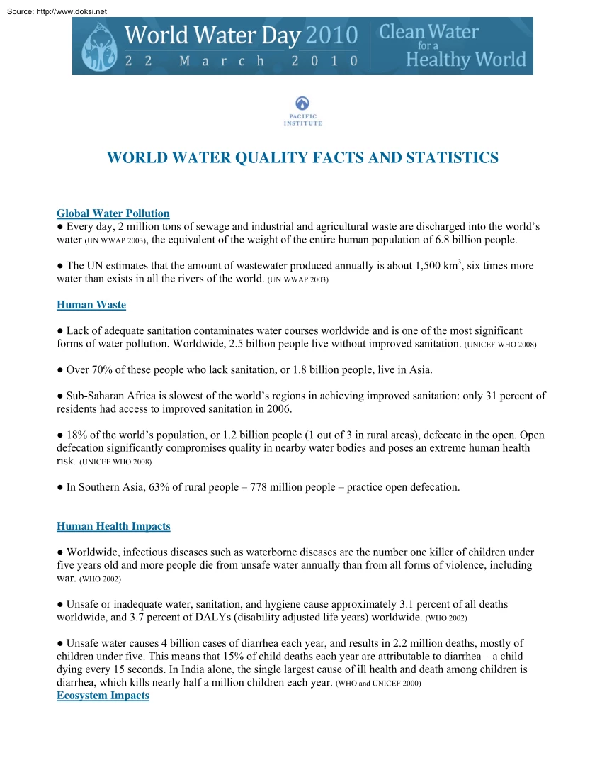 Word Water Quality Facts and Statistics