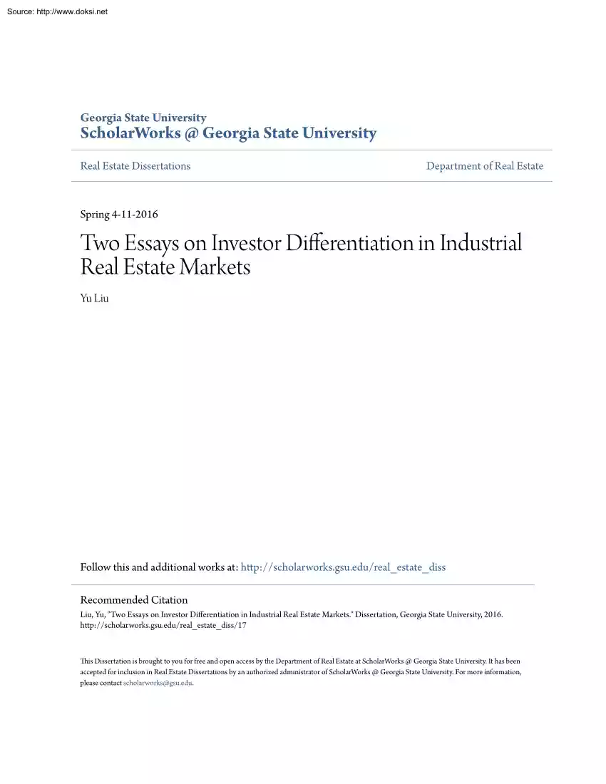 Yu Liu - Two Essays on Investor Differentiation in Industrial Real Estate Markets
