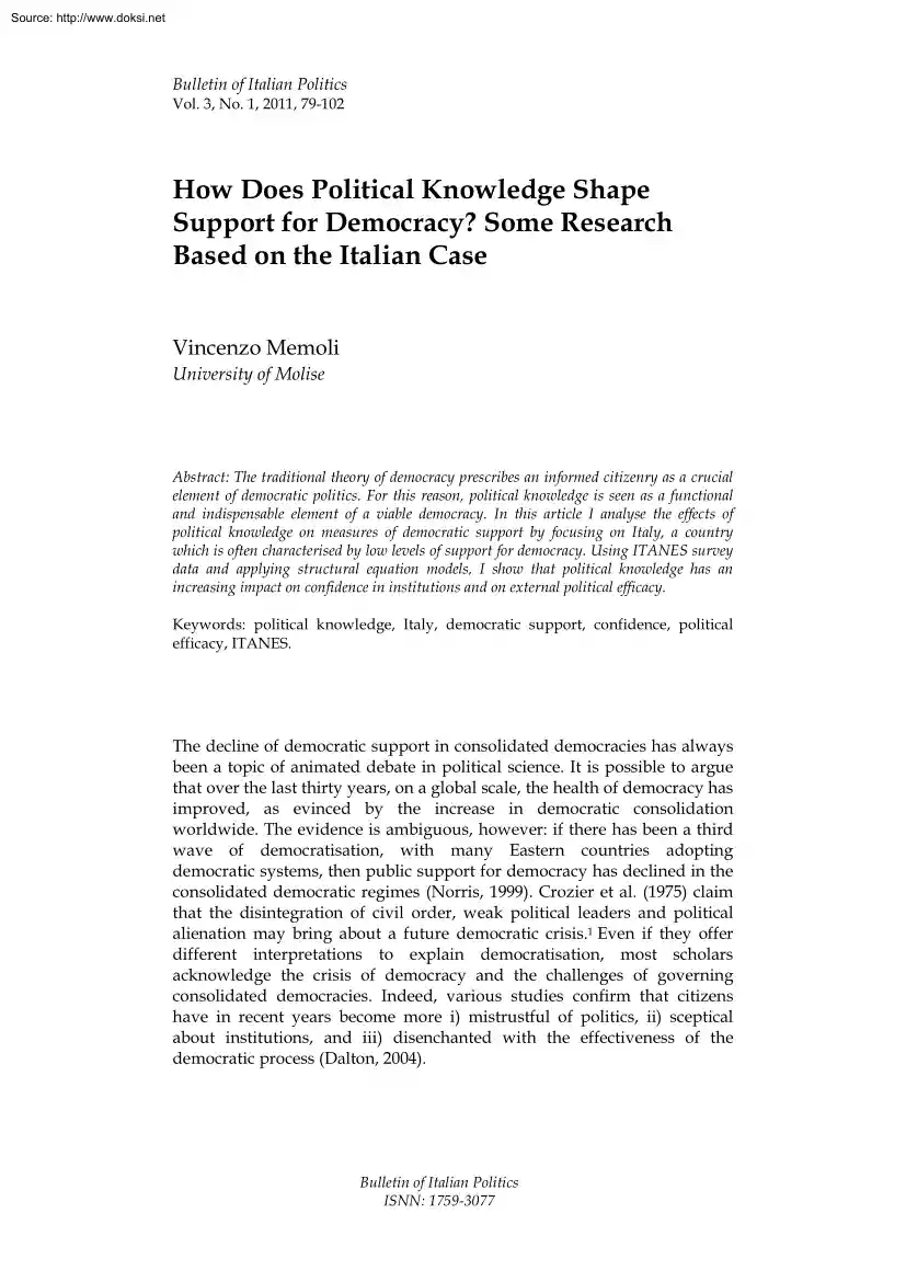 Vincenzo Memoli - How Does Political Knowledge Shape Support for Democracy, Some Research Based on the Italian Case