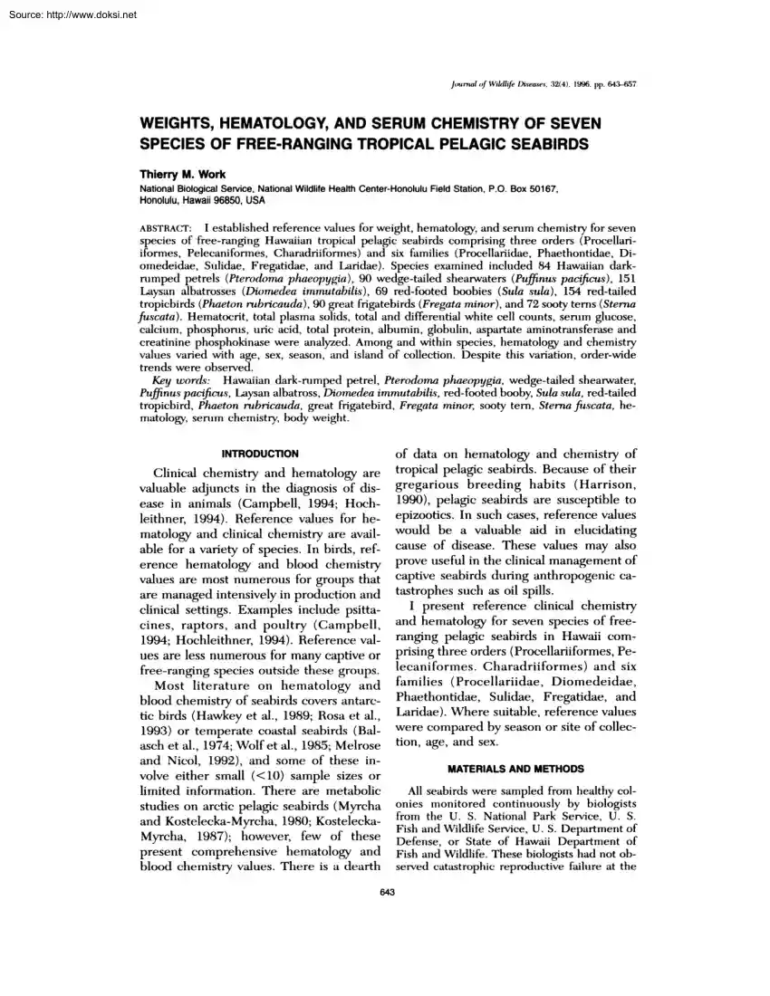 Thierry M. Work - Weights, Hematology, and Serum Chemistry of Seven Species of Free Ranging Tropical Pelagic Seabirds