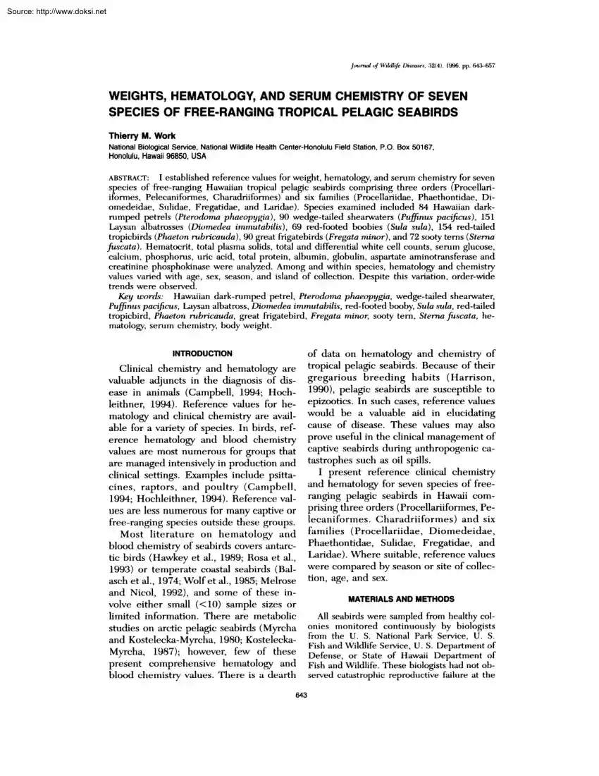 Thierry M. Work - Weights, Hematology, and Serum Chemistry of Seven Species of Free Ranging
