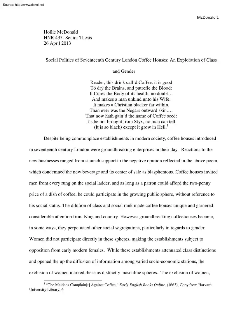 Hollie McDonald - Social Politics of Seventeenth Century London Coffee Houses, An Exploration of