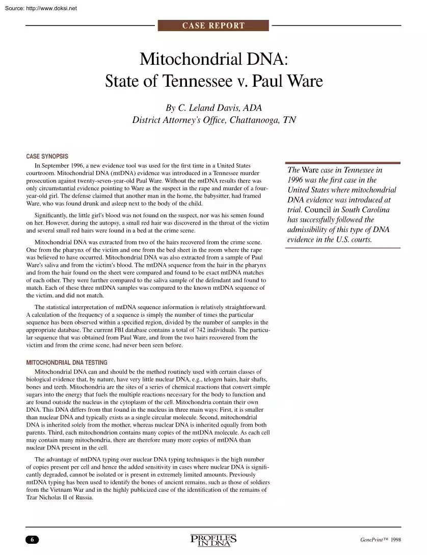 C. Leland Davis - Mitochondrial DNA, State of Tennessee v. Paul Ware