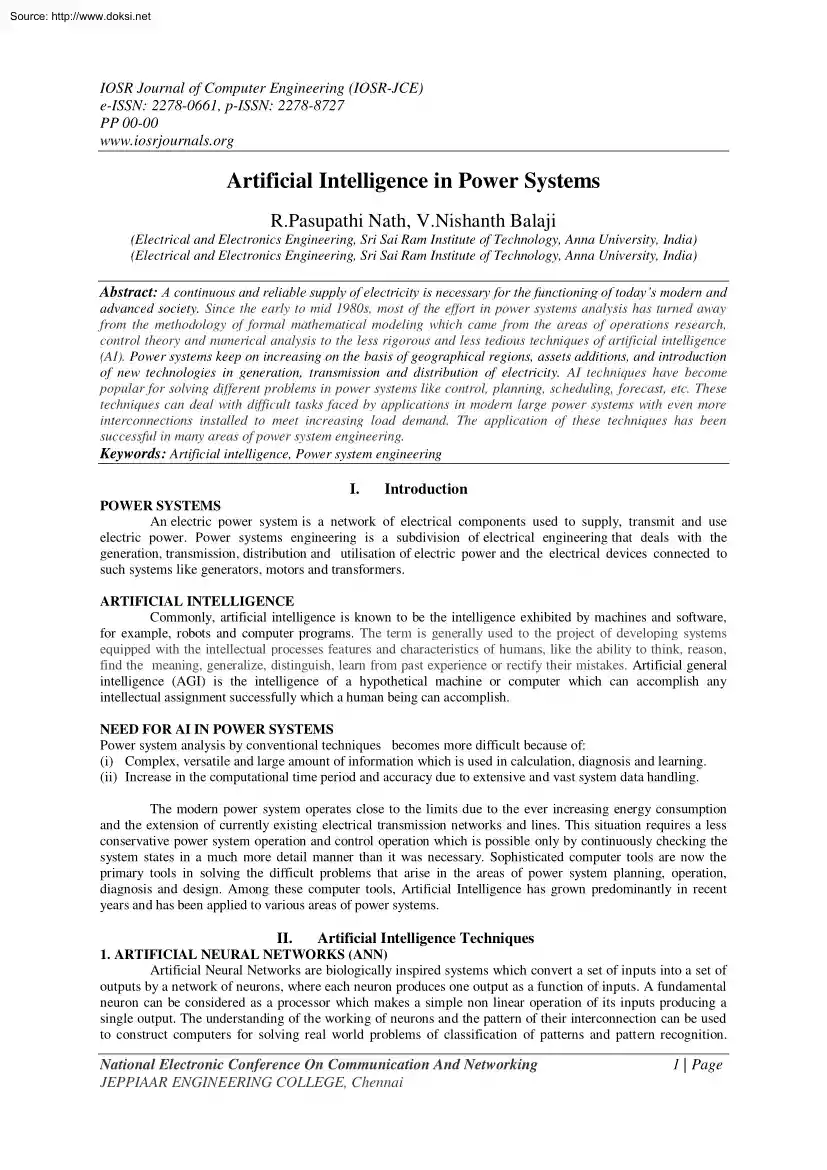Nath-Balaji - Artificial Intelligence in Power Systems