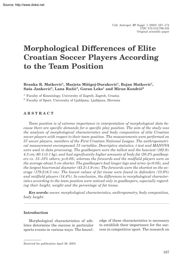Matkovic-Durakovic-Jankovic - Morphological Differences of Elite Croatian Soccer Players According to the Team Position