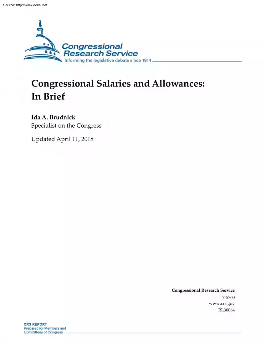 Ida A. Brudnick - Congressional Salaries and Allowances, In Brief