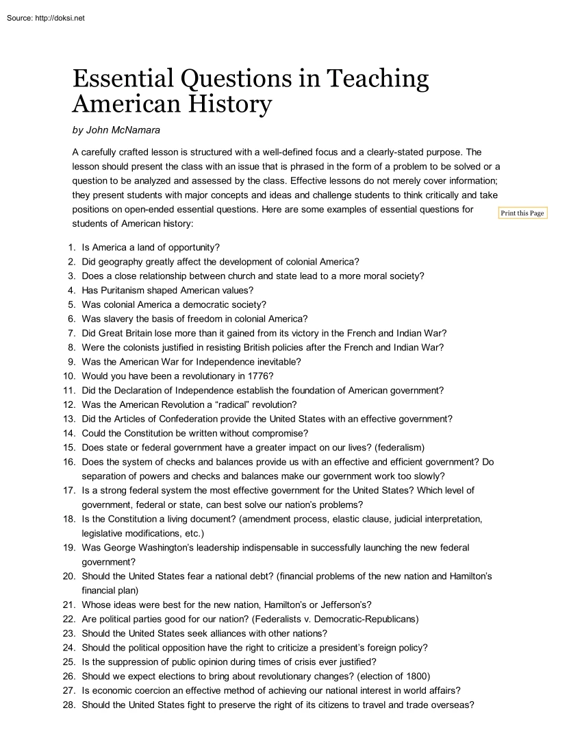 John McNamara - Essential Questions in Teaching American History
