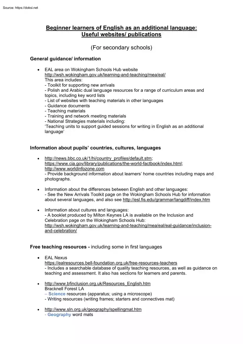 Beginner Learners of English as an Additional Language, Useful Websites, publications for Secondary