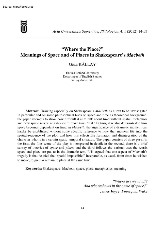 Géza Kállay - Where the Place, Meanings of Space and of Places in Shakespeares Macbeth