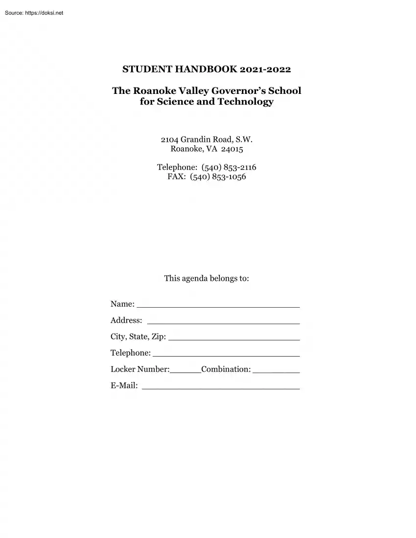 The Roanoke Valley Governors School for Science and Technology, Student Handbook 2021-2022