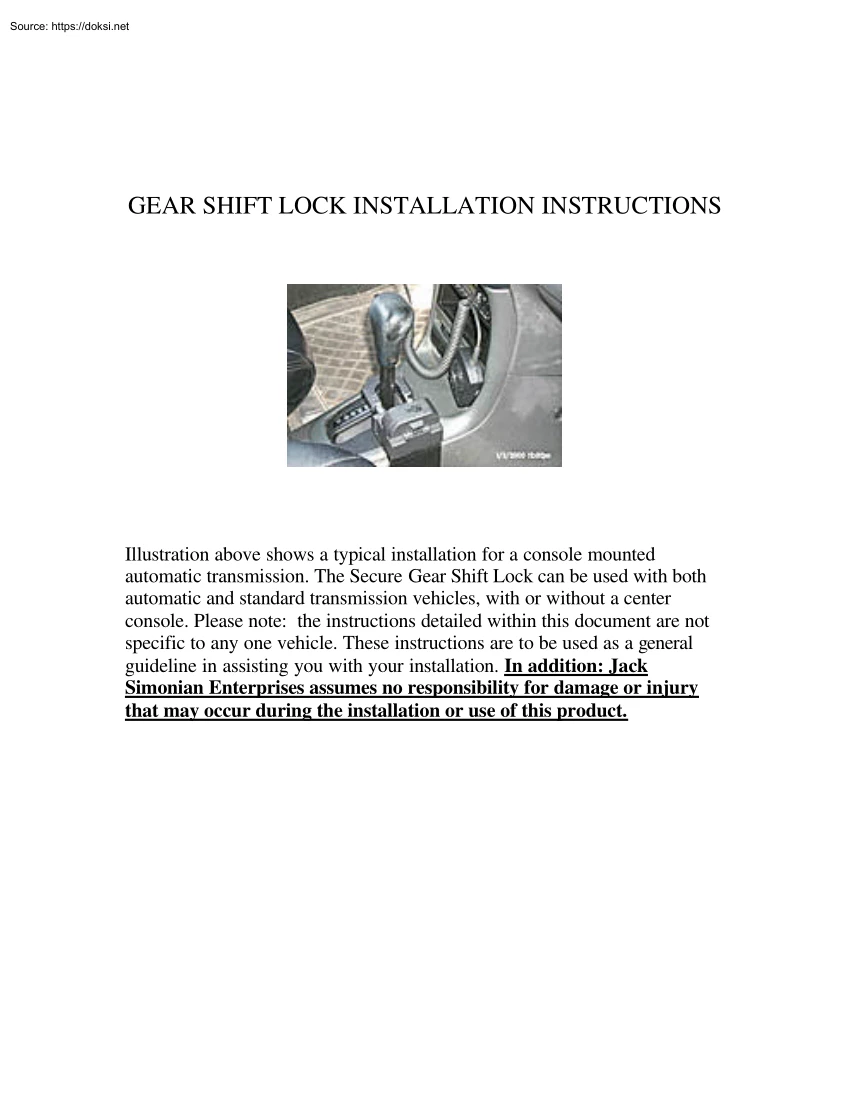 Gear Shift Lock Installation Instructions