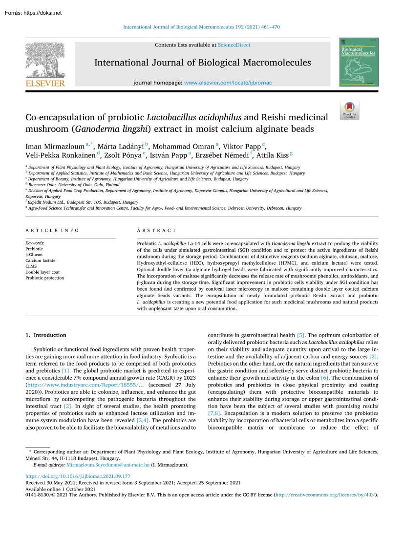 Co-encapsulation of probiotic Lactobacillus acidophilus and Reishi medicinal mushroom (Ganoderma lingzhi) extract in moist calcium alginate beads