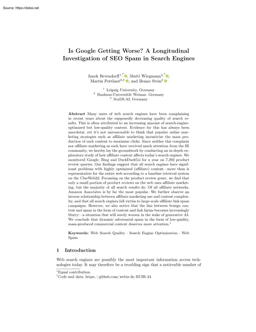 Is Google Getting Worse? A Longitudinal Investigation of SEO Spam in Search Engines