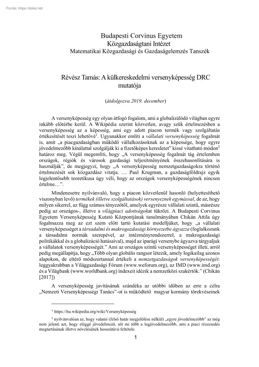 Révész Tamás - A külkereskedelmi versenyképesség DRC mutatója