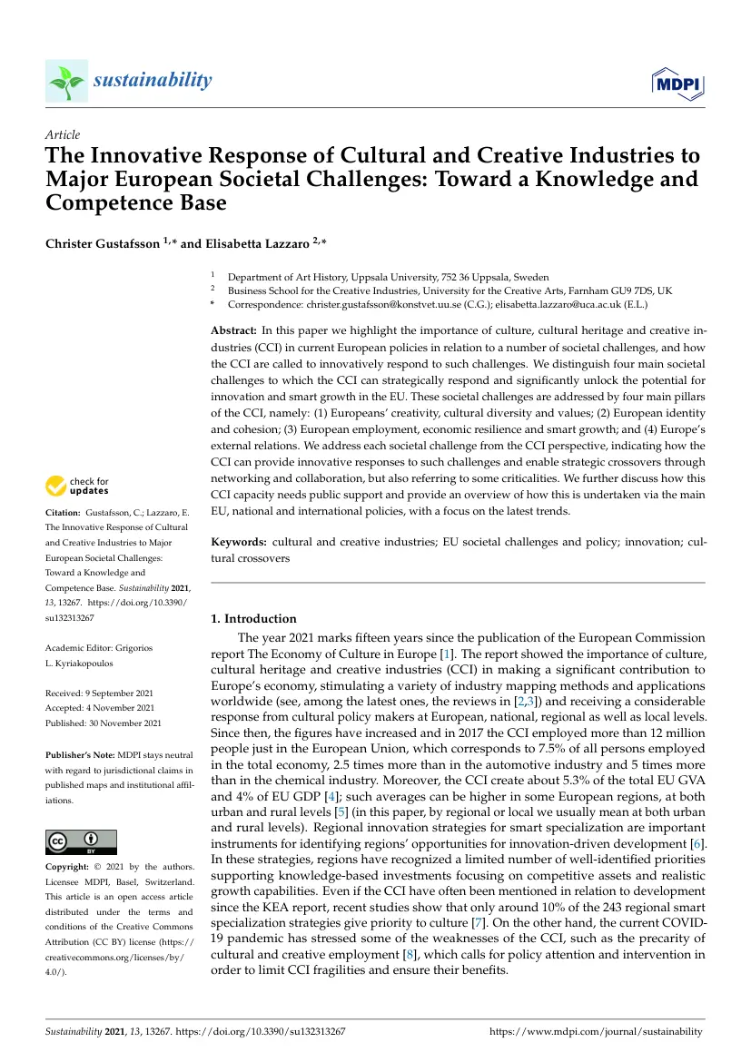 The Innovative Response of Cultural and Creative Industries to Major European Societal Challenges
