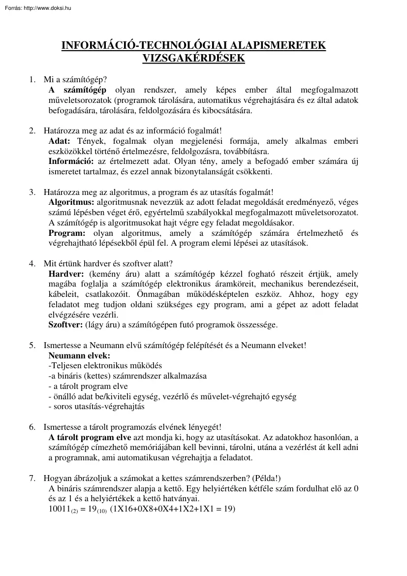 Információ-technológiai alapismeretek vizsgakérdések
