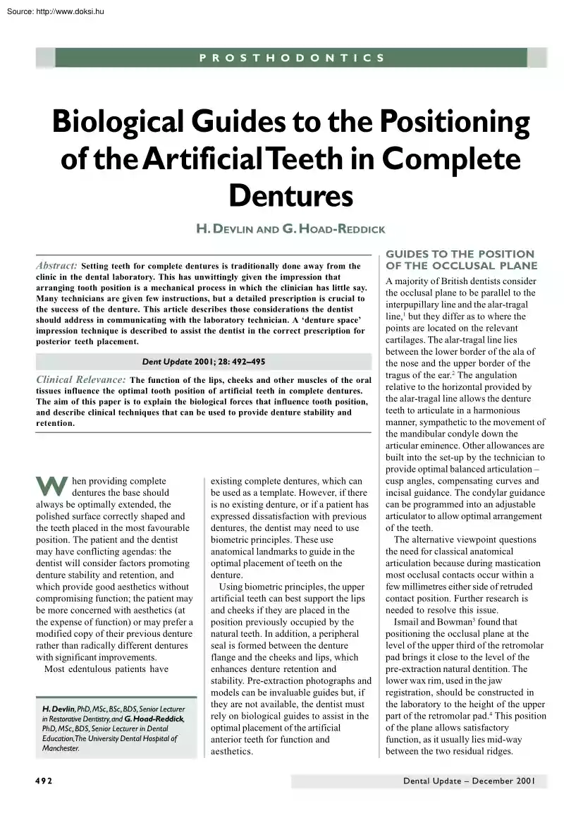 Devlin-Reddick - Biological guides to the positioning of the artificial teeth in complete dentures