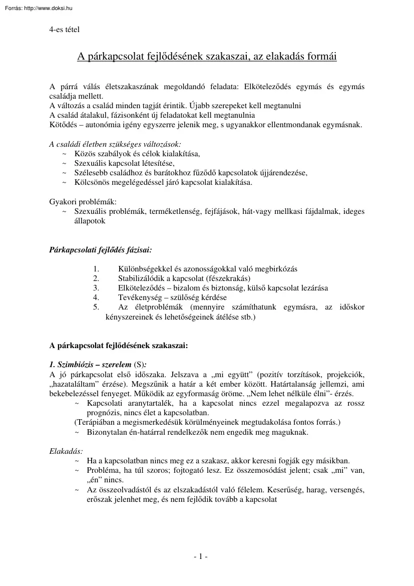 Safranka Judit - A párkapcsolat fejlődésének szakaszai, az elakadás formái