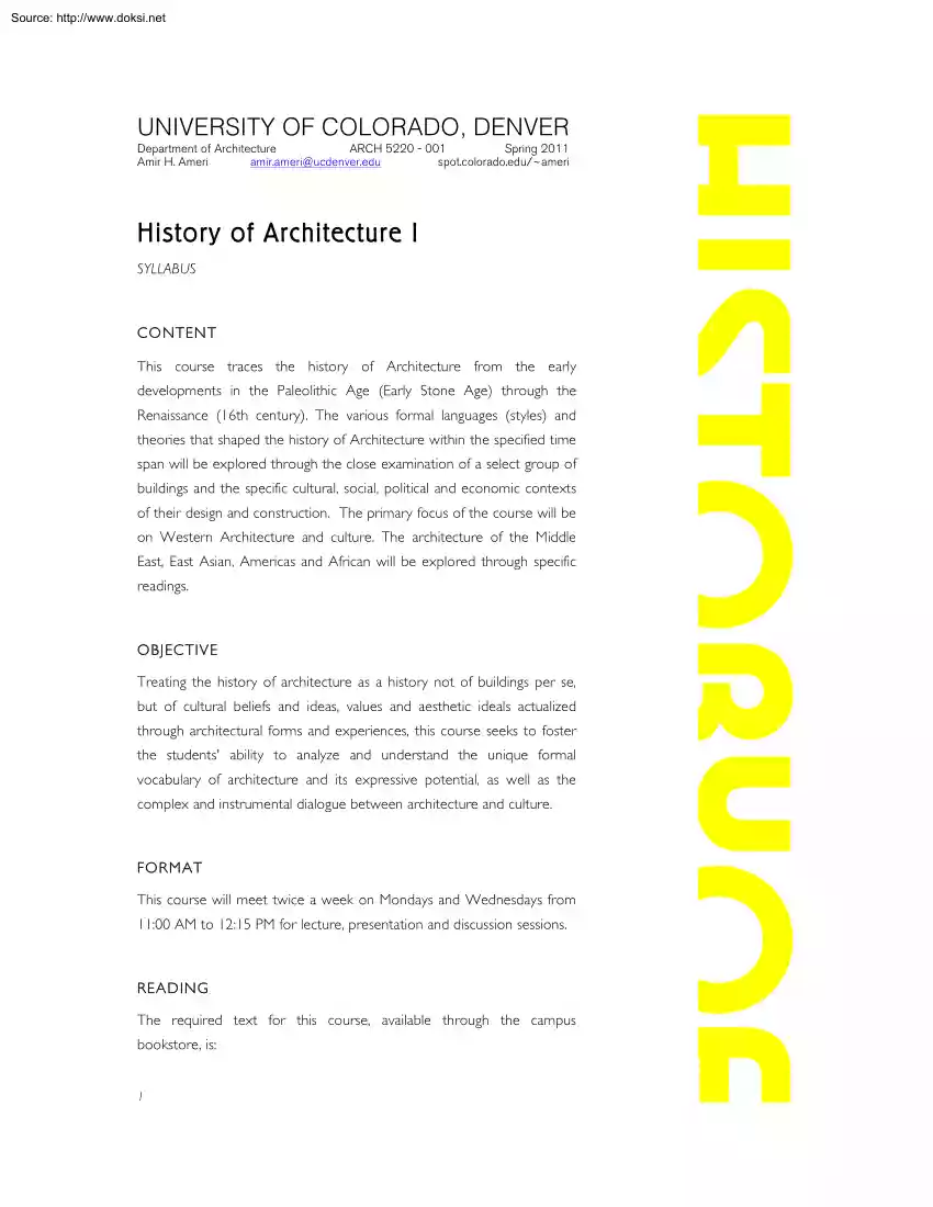 Amir H. Ameri - History of Architecture, Syllabus
