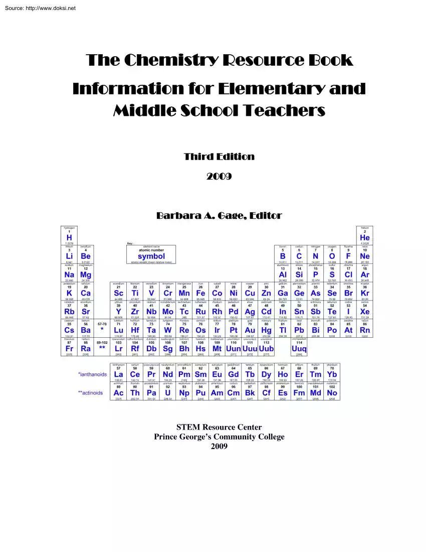 Barbara A. Gage - The Chemistry Resource Book Information for Elementary and Middle School Teachers