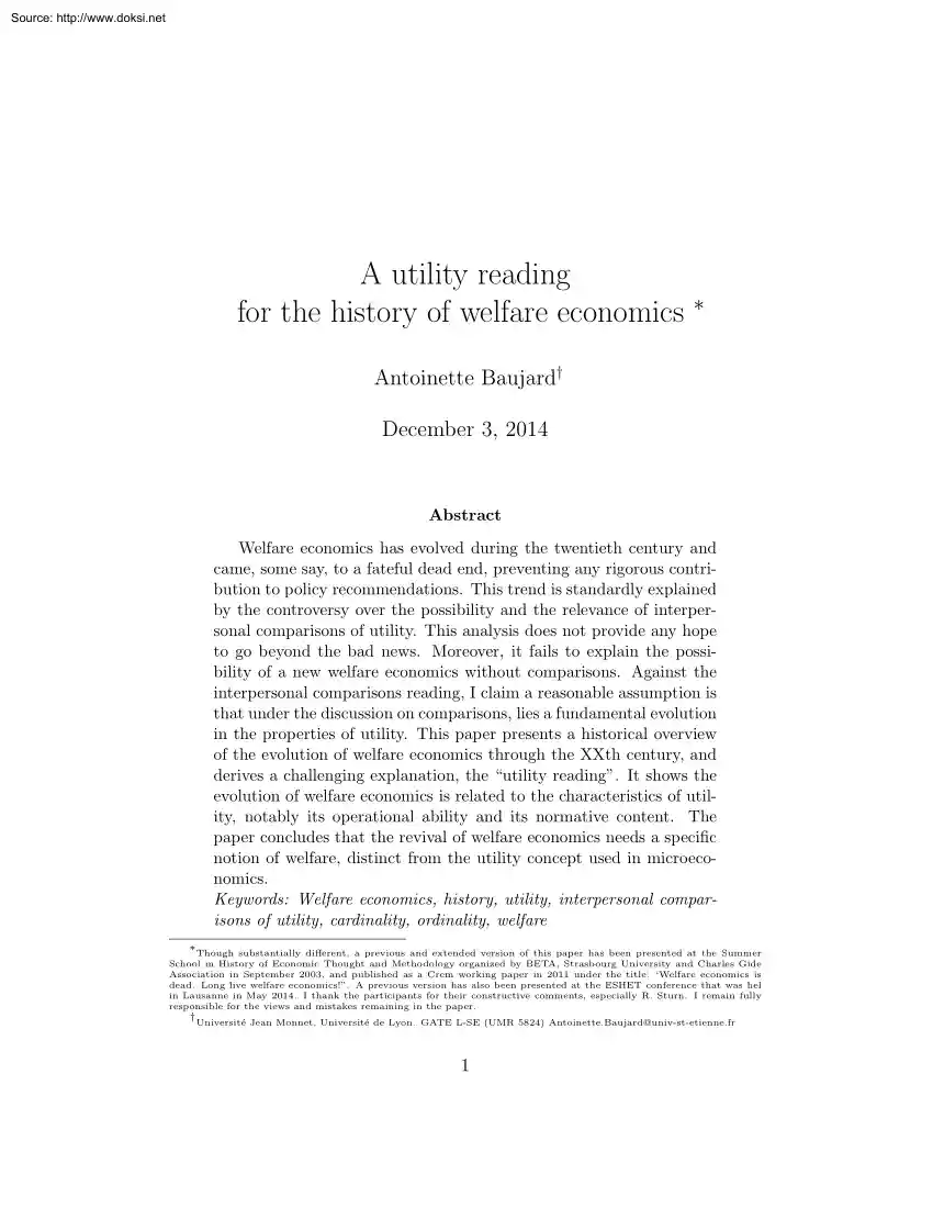 Antoinette Baujard - A Utility Reading for the History of Welfare Economics