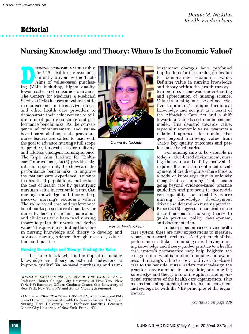 Nickitas-Frederickson - Nursing Knowledge and Theory, Where Is the Economic Value