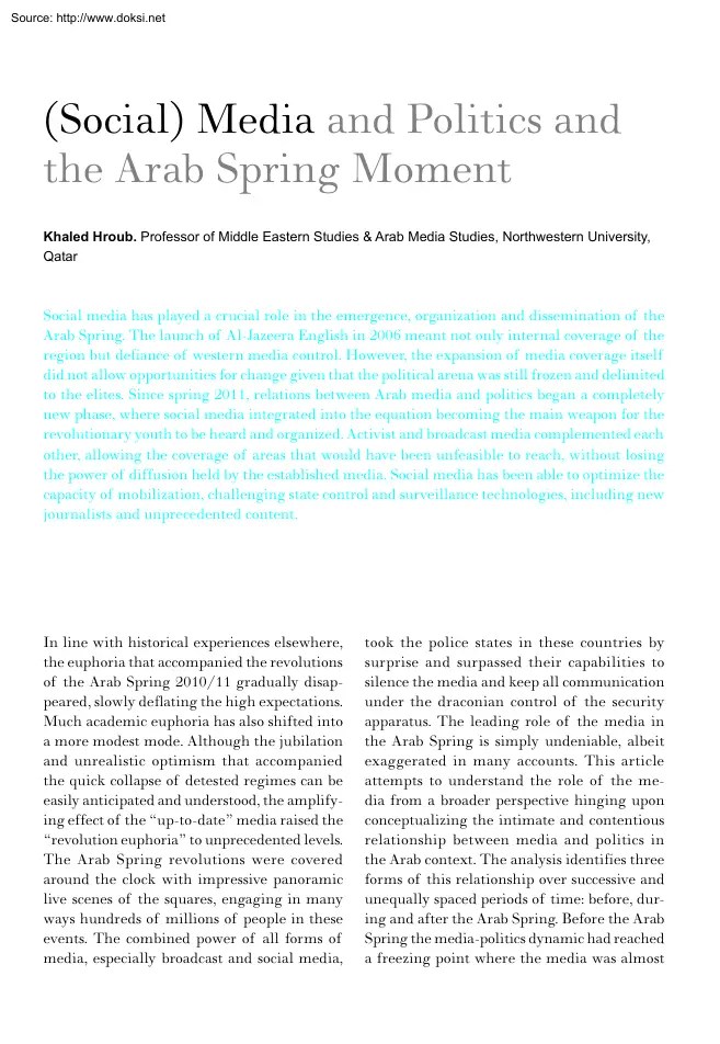 Khaled Hroub - Social Media and Politics and the Arab Spring Moment