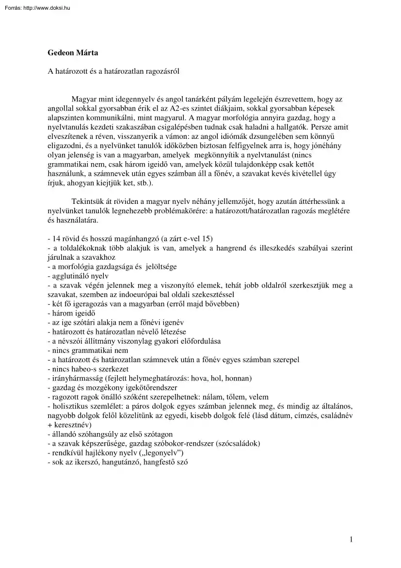 Gedeon Márta - A határozott és a határozatlan ragozásról