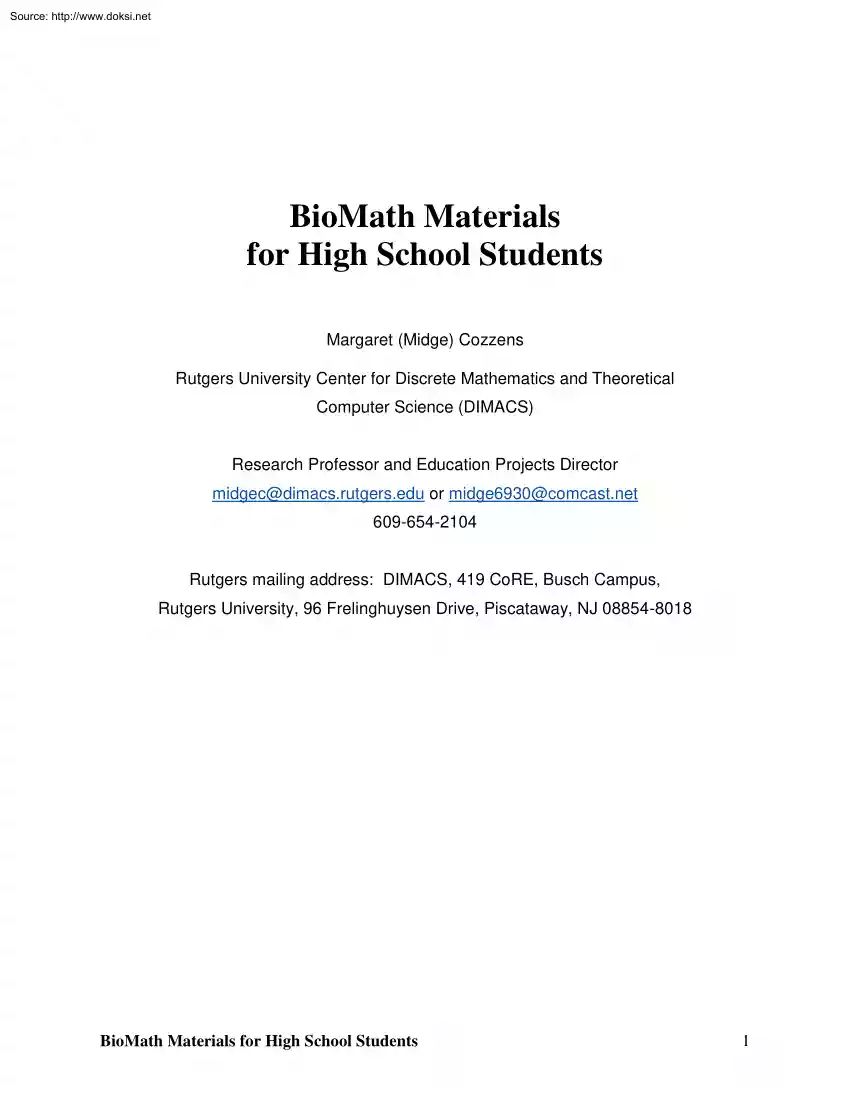 Margaret-Cozzens - BioMath Materials for High School Students