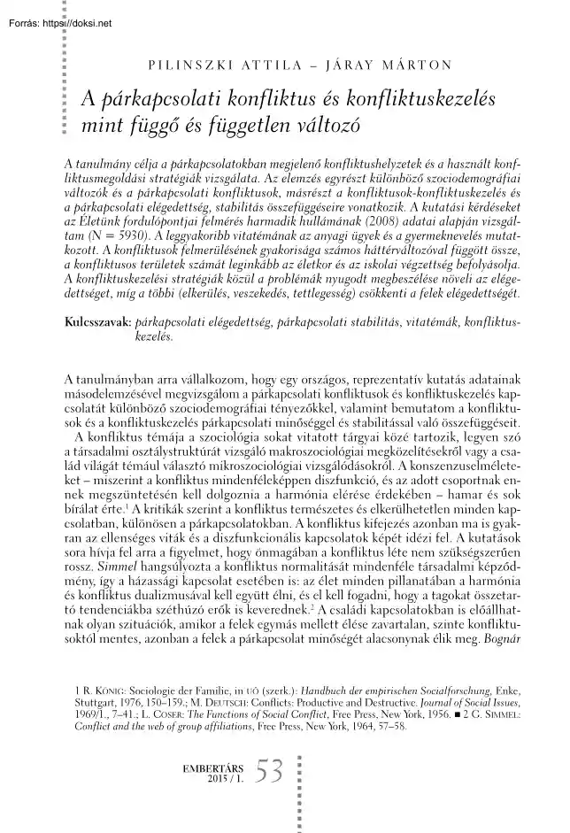 Pilinszky-Járay - A párkapcsolati konfliktus és konfliktuskezelés mint függő és független változó