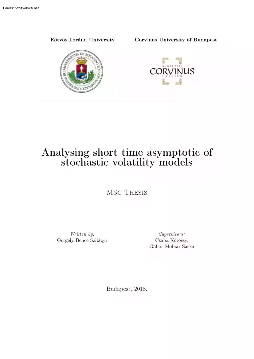 Gergely Bence Szilágyi - Analysing short time asymptotic of stochastic volatility models
