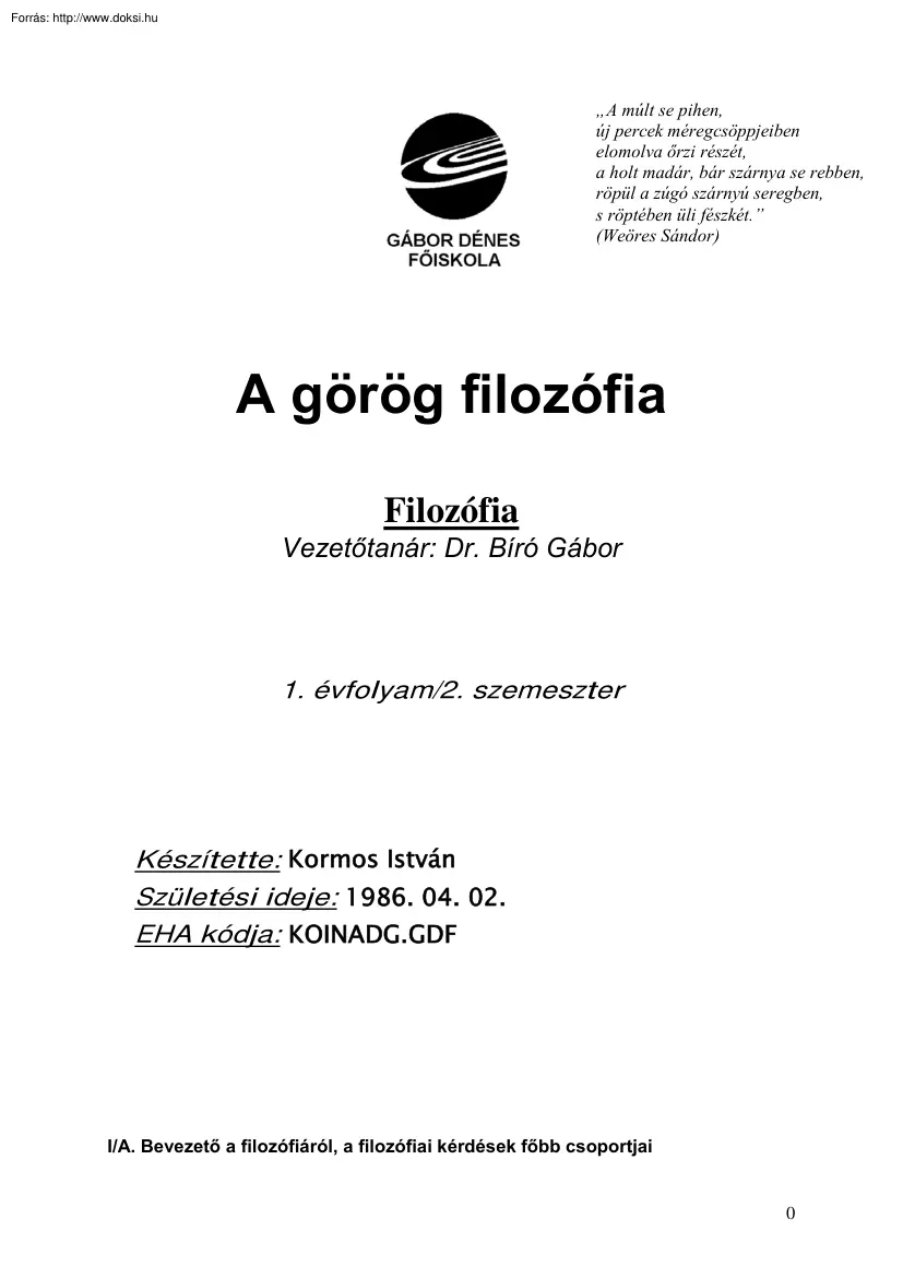 Kormos István - A görög filozófia