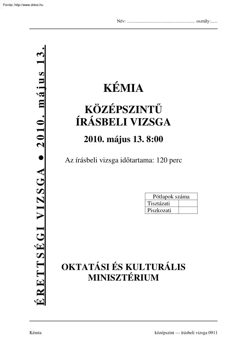 Kémia középszintű írásbeli érettségi vizsga, megoldással, 2010