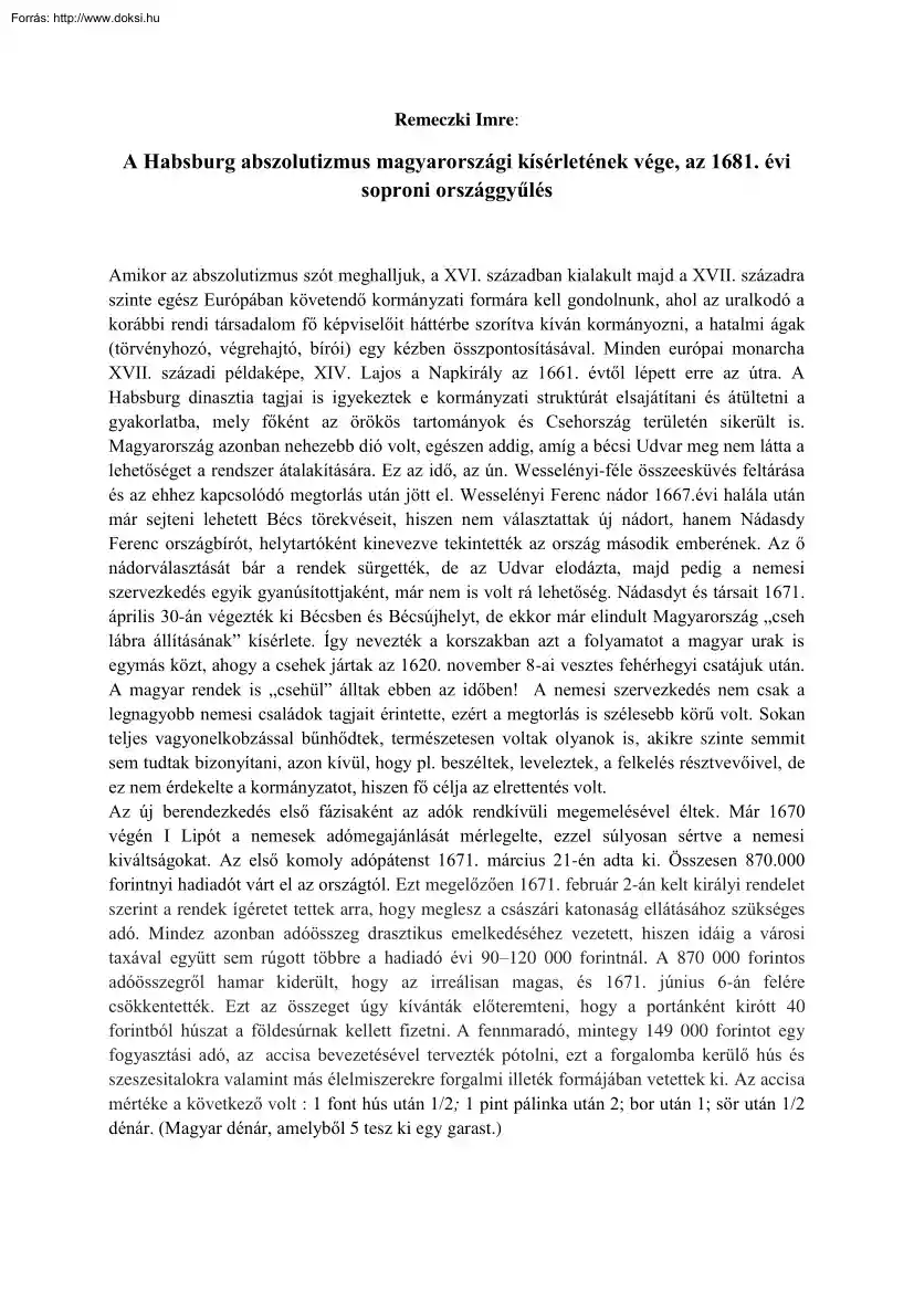 Remeczki Imre - A Habsburg abszolutizmus magyarországi kísérletének vége, az 1681. évi soproni országgyűlés