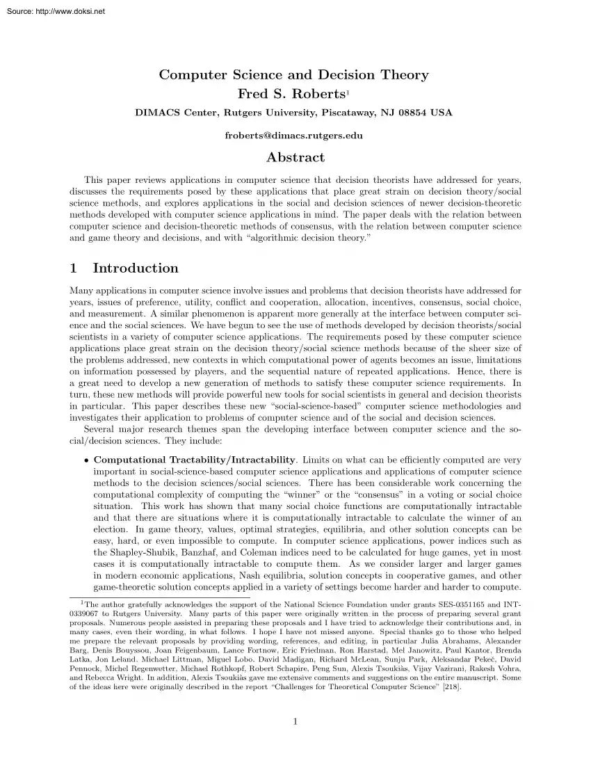 Fred S. Roberts - Computer Science and Decision Theory