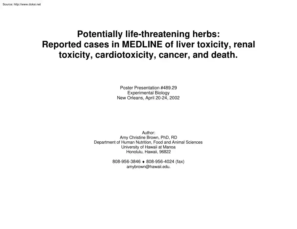 Amy Christine Brown - Potentially Life Threatening Herbs, Reported Cases in Medline of Liver Toxicity, Renal Toxicity