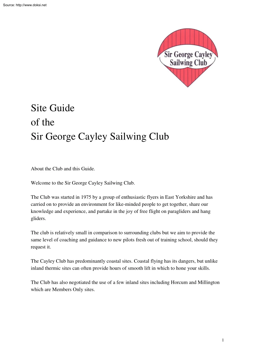 Site Guide of the Sir George Cayley Sailwing Club