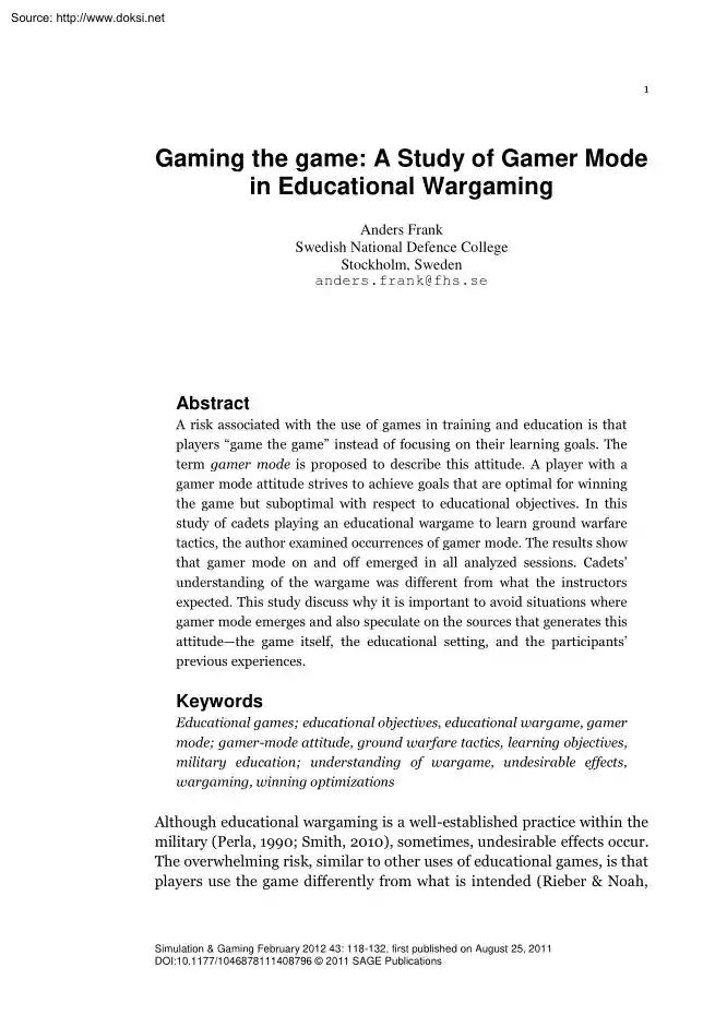 Anders Frank - Gaming the game, A Study of Gamer Mode in Educational Wargaming