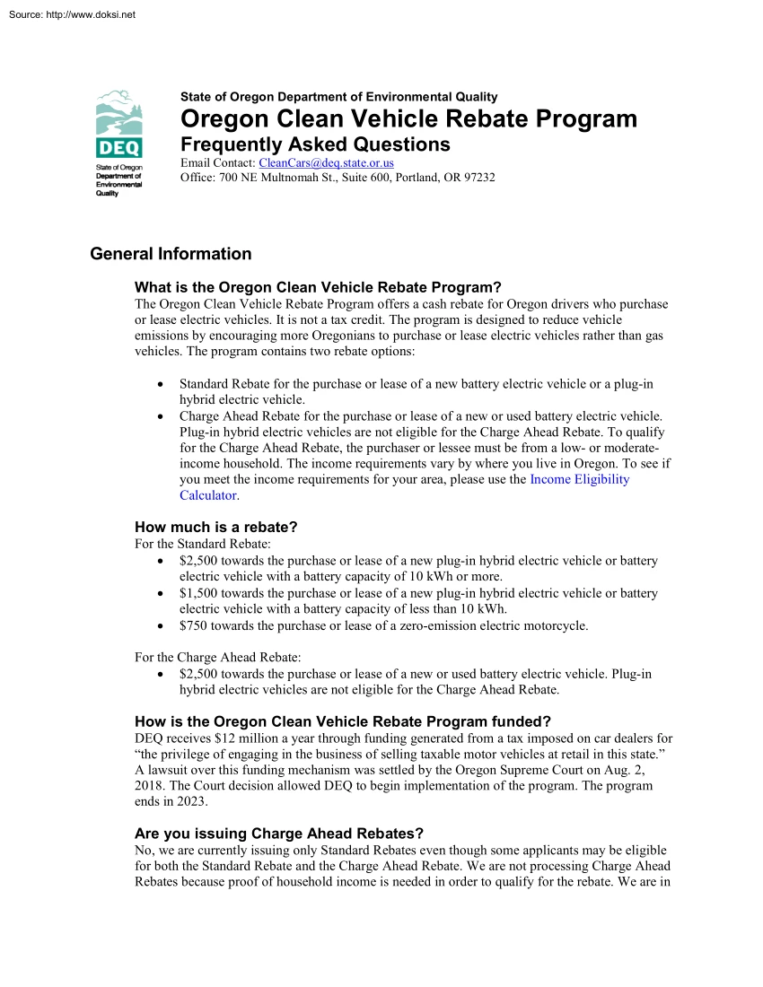 Oregon Clean Vehicle Rebate Program Frequently Asked Questions
