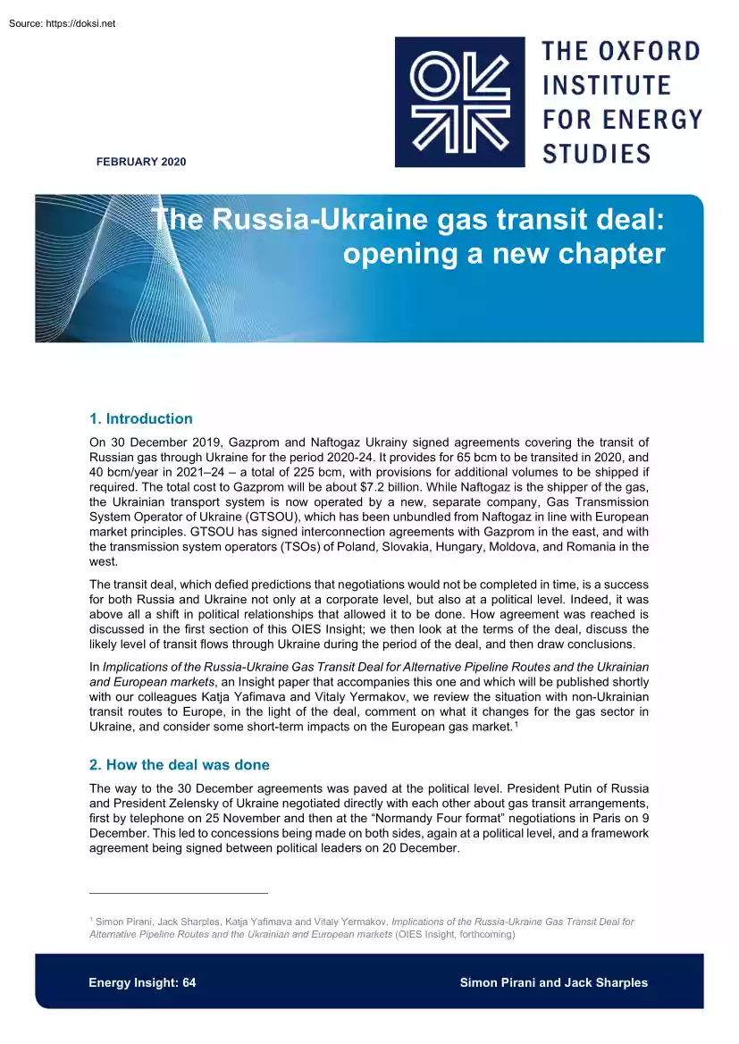 The Russia-Ukraine Gas Transit Deal, Opening a New Chapter