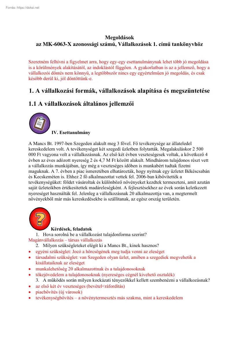 Megoldások az MK-6063-X azonossági számú, Vállalkozások 1. című tankönyvhöz