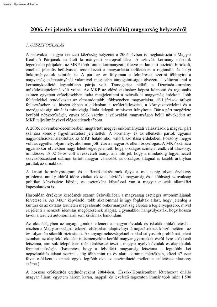 2006. évi jelentés a szlovákiai (felvidéki) magyarság helyzetéről