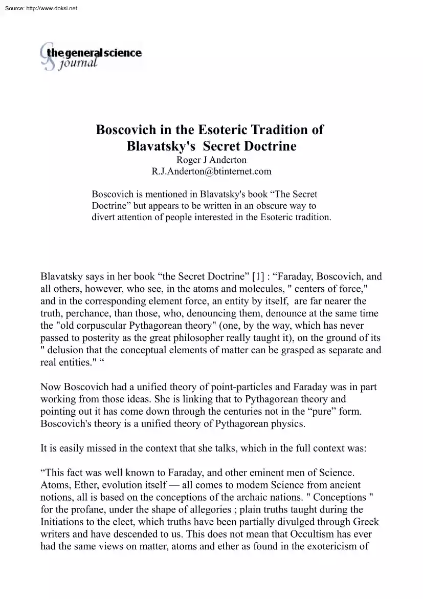 Roger J Anderton - Boscovich in the Esoteric Tradition of Blavatsky Secret Doctrine