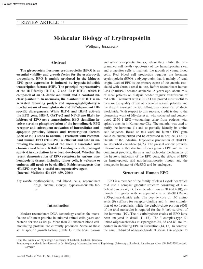 Wolfgang Jelkmann - Molecular Biology of Erythropoietin