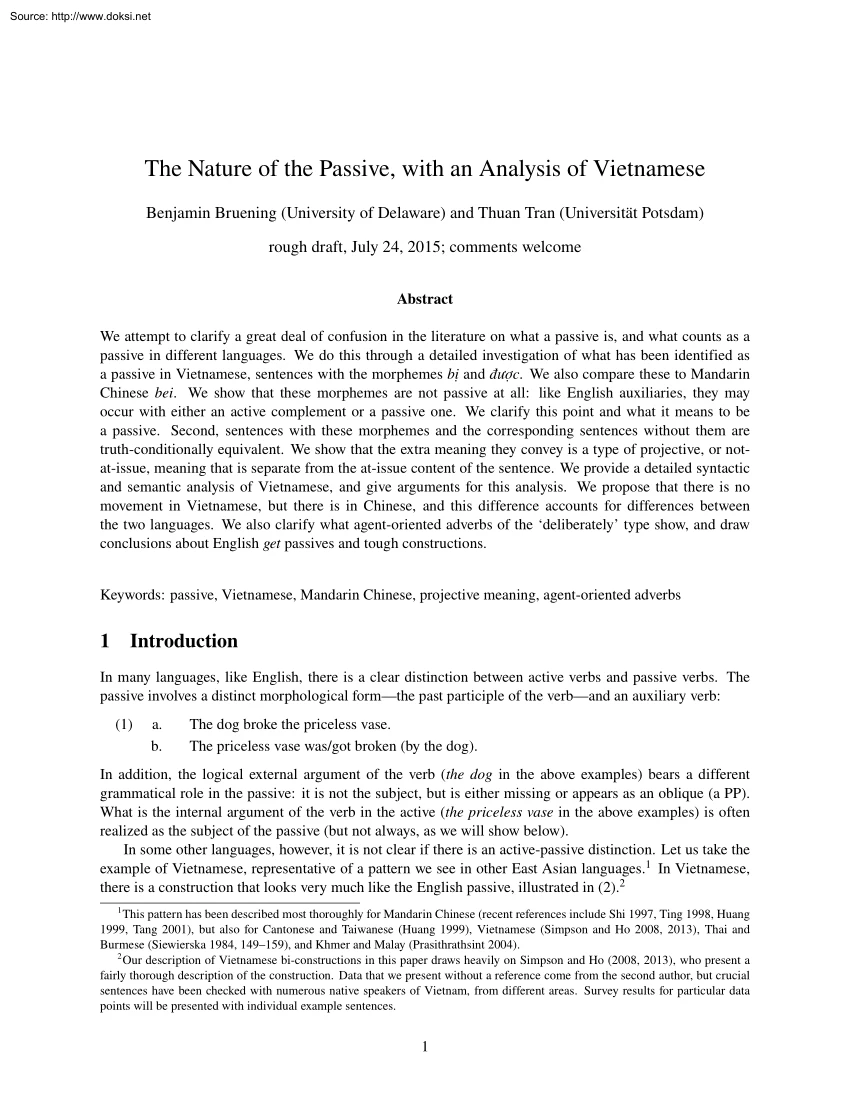 Bruening-Tran - The Nature of the Passive, with an Analysis of Vietnamese