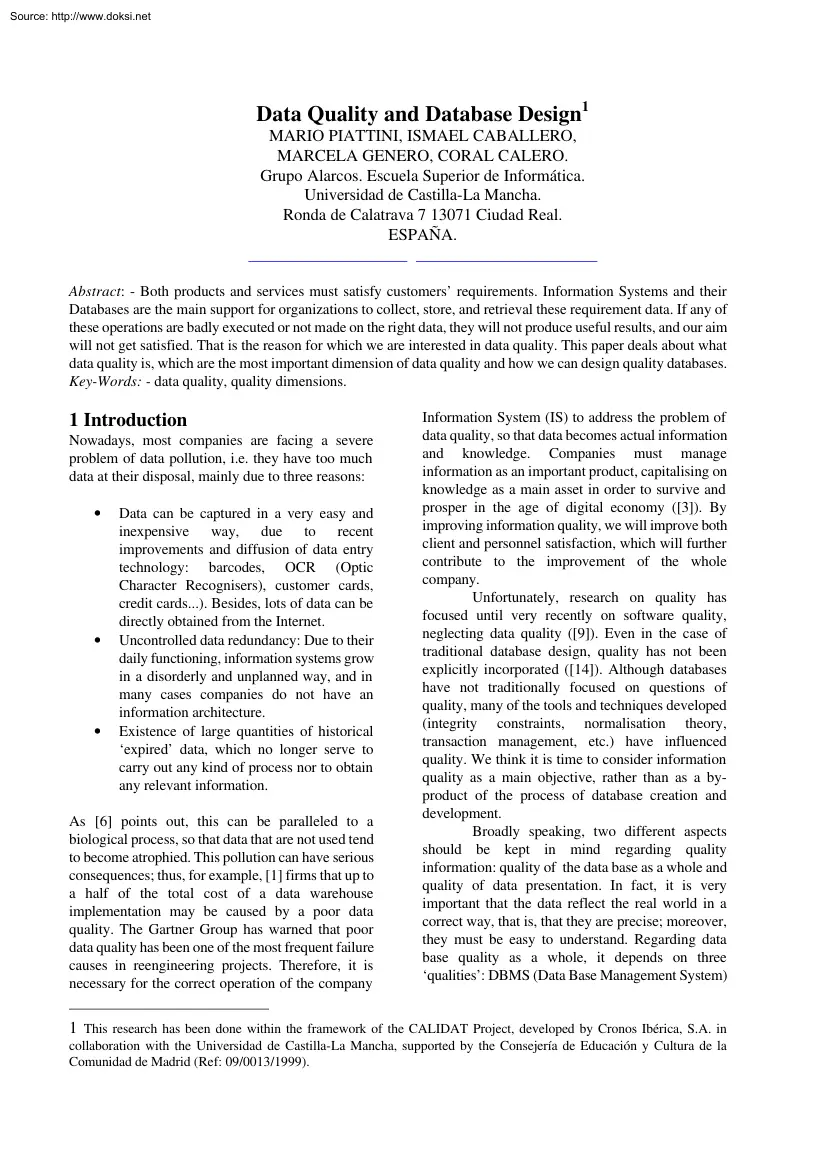 Piattini-Caballero - Data Quality and Database Design